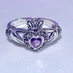 Sterling Marcasite Amethyst Claddagh Ring